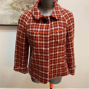 Banana Republic Houndstooth Teddy Jacket small wool orange maroon cream pockets
